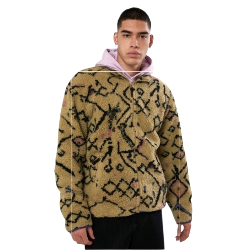 BDG Damask Tan Sherpa Fleece Navy Blue Aztec Design Full Zip Jacket men's small
